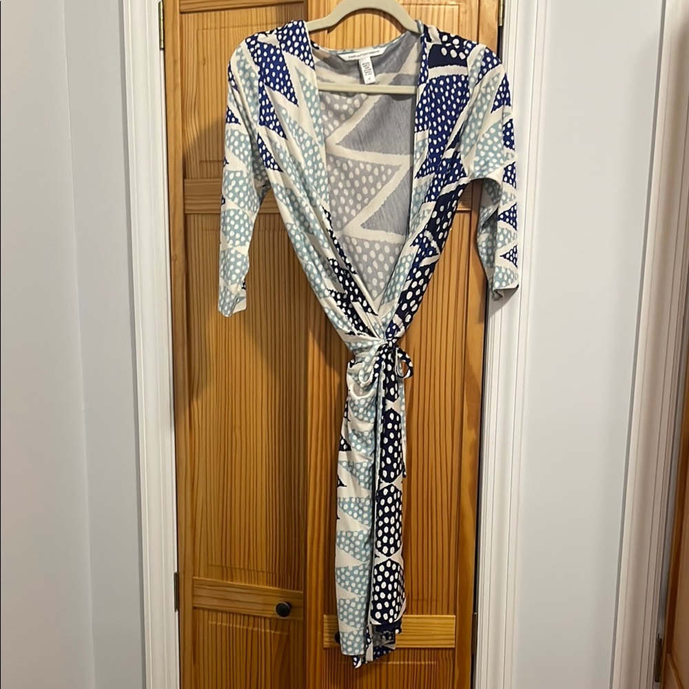 Diane Von Furstenberg Blue and White Long Sleeve Wrap Dress
